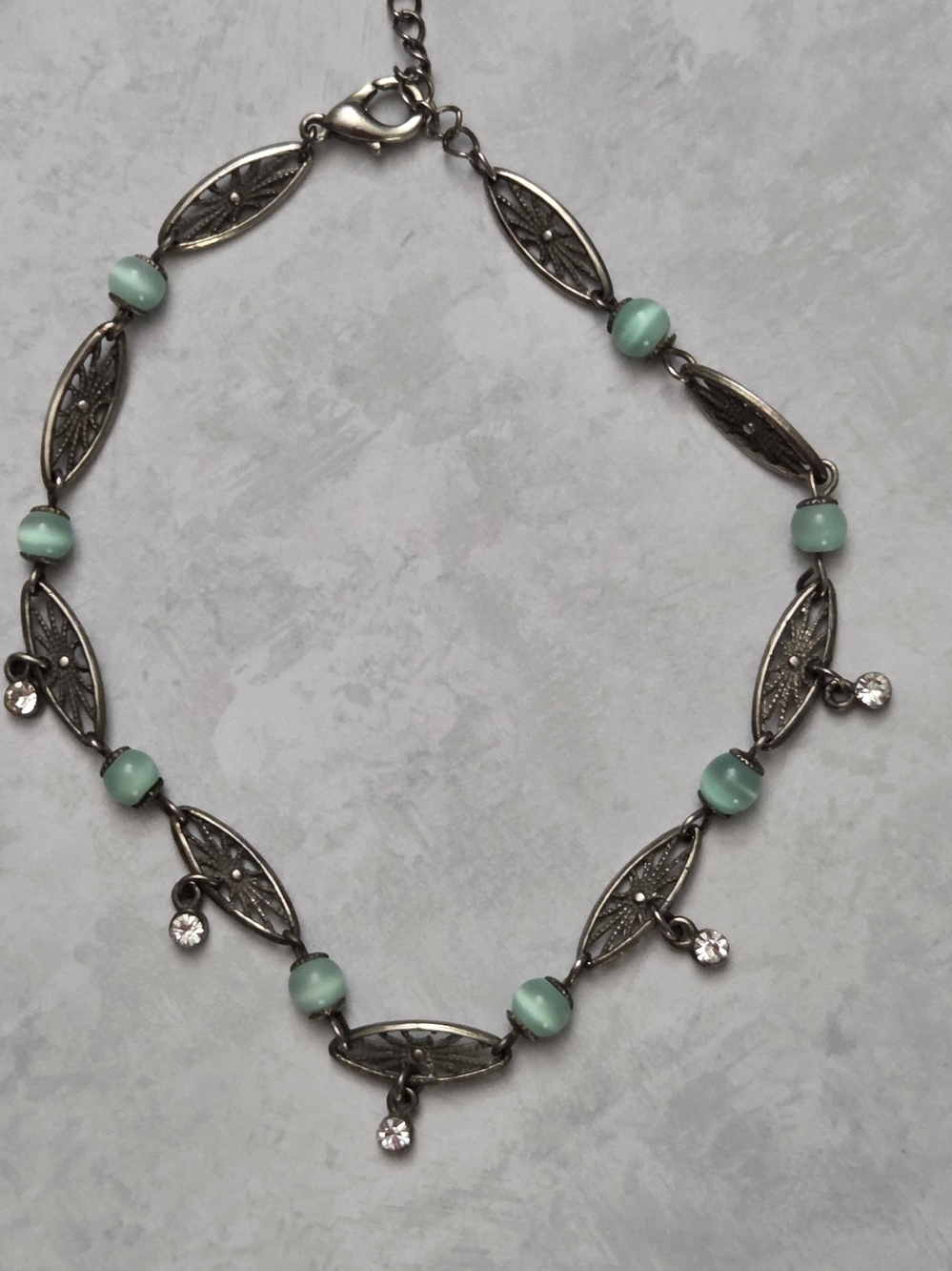 Vintage Aqua Turquoise Glass Bead Filigree Rhinestone Bracelet/Anklet